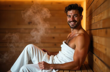 Happy man relaxing in a sauna in a spa salon. A man in a wooden steam bath in a white towel. Man in a spa salon.
