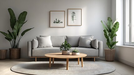 Fototapeta premium Beautiful Modern Living room Interior with furniture's ,mockup frame , posters, wall -3d Rendering