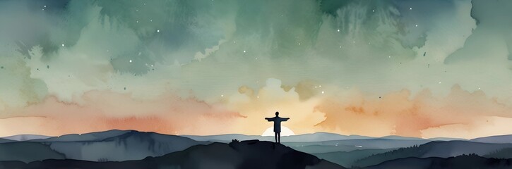 Fototapeta premium man on the top of the hill and praying to cross