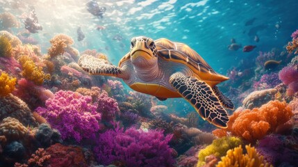 Turtle swims through colorful coral reef under sunlight.