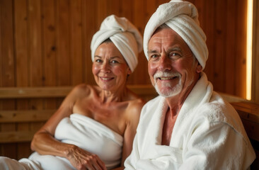 Elderly man and woman in a sauna in a spa salon. An elderly happy couple is relaxing in a wooden bathhouse. An older man and woman in a white robe and towel in the sauna.