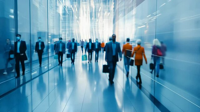 abstract Business people walking in blur in a background modern building corridor blurred Modern open space office interior or call centre