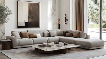 Fototapeta premium Beautiful Modern Living room Interior with furniture's ,mockup frame , posters, wall -3d Rendering