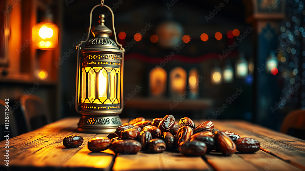 Poster a rustic wooden table featuring a traditional lantern radiating warm light, surrounded by dates, wit