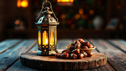 A rustic wooden table featuring a traditional lantern radiating warm light, surrounded by dates, with colorful bokeh creating a festive Ramadan glow