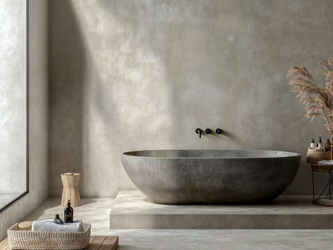 A minimalist bathroom features a freestanding stone bathtub, placed on a platform with a textured microcement finish
