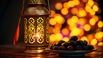 A glowing brass lantern with intricate patterns, a plate of fresh dates beside it, and vibrant bokeh lights in shades of gold, green, and purple in the background