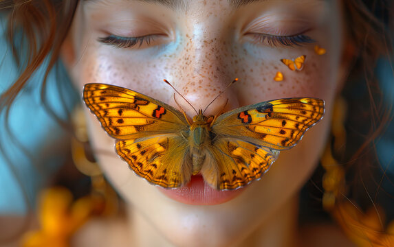 Stylish expressive portrait of a young woman with captivating eyes and a multi-colored butterfly on her face. Perfect for beauty and high fashion themes, music album covers or social network design.