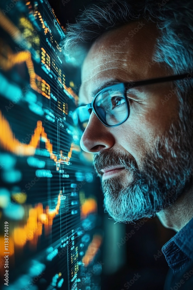 Poster focused individual analyzing financial data on a digital display in a modern workspace