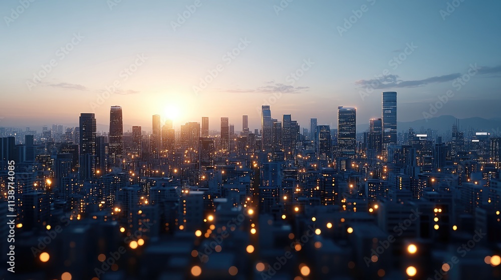 Poster a vibrant smart city illuminated by sunset showcases advanced data structures and a network of conne