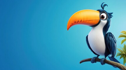 Cartoon toucan perches on branch with blue background.