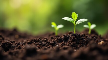 Fototapeta premium rich, dark garden soil with small seedlings emerging, showcasing the fertility and health of the soil