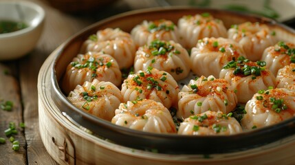 A bamboo steamer filled with delicate dumplings garnished with green onions and spices.