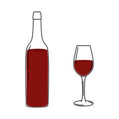 Bottle and glass of red wine. Hand drawn alcoholic beverage isolated on white background. Line drawing wineglass with drink of grape wine. Graphic design element for winery. Vector illustration