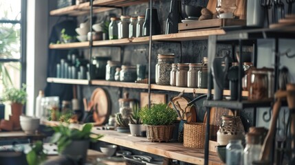 Cozy rustic kitchen shelves with jars and plants