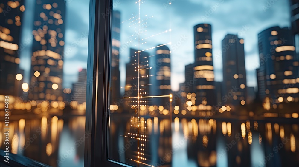 Poster a vibrant smart city illuminated by sunset showcases advanced data structures and a network of conne