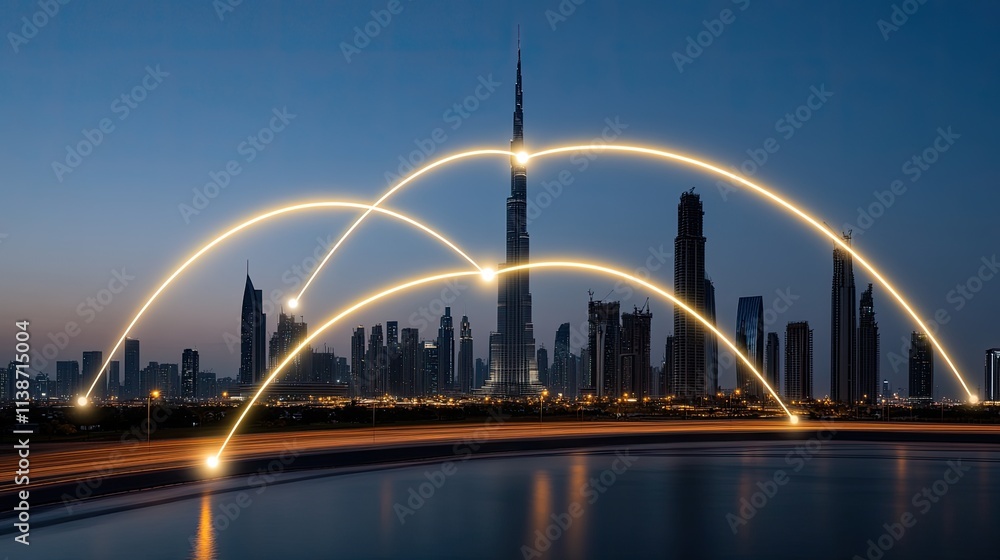 Aufkleber a vibrant smart city illuminated by sunset showcases advanced data structures and a network of conne