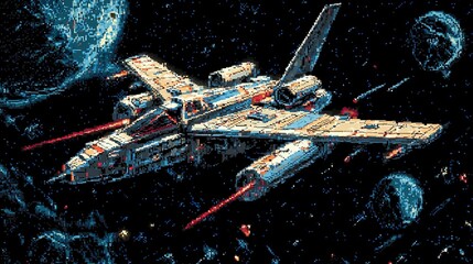 Pixel Art Spaceship Soaring Through the Cosmic Expanse