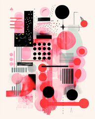 Abstraction, illustration contains various objects and handwritten sketches in light black and pink style, bold lines and shapes, composition of geometric shapes, wavy lines and irregular shapes.