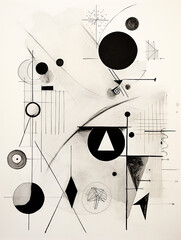 Abstraction, illustration contains various objects and handwritten sketches in light black and pink style, bold lines and shapes, composition of geometric shapes, wavy lines and irregular shapes.