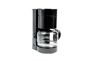 Black coffee maker with glass carafe. The coffee maker sits on a transparent PNG background.