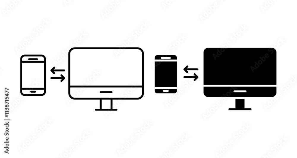 Poster data transfer pc to mobile icons set in solid and thin line style