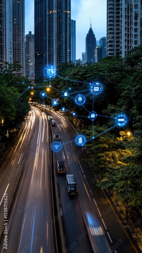 Aufkleber a vibrant smart city illuminated by sunset showcases advanced data structures and a network of conne