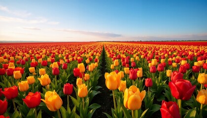 Panoramic View of Vibrant Red and Yellow Tulip Fields under Clear Blue Sky