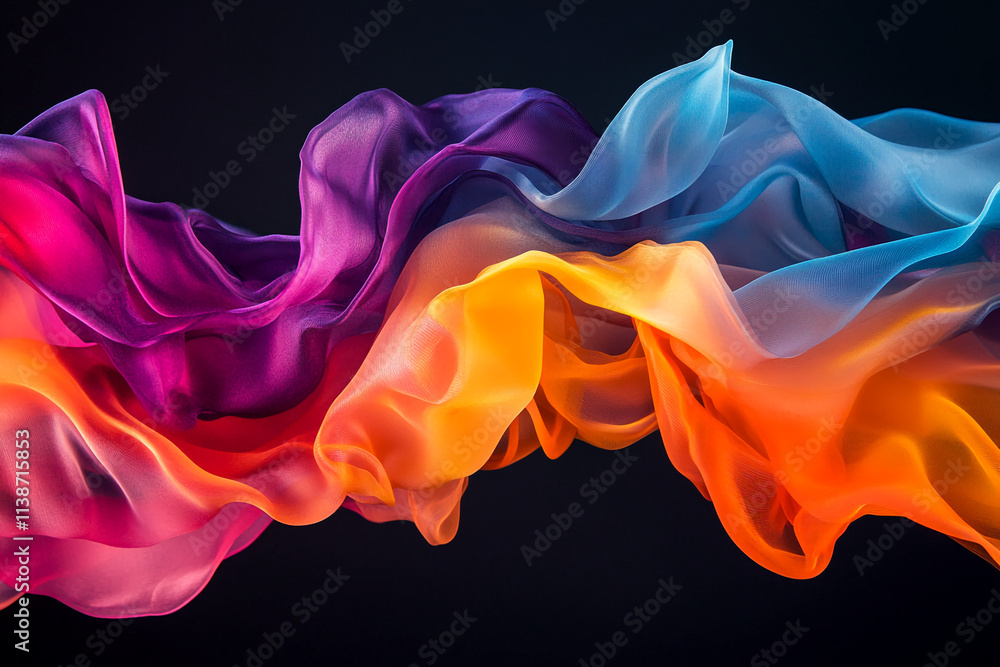 Poster colorful silk fabric flows gracefully in vibrant waves against a dark background, creating a dynamic