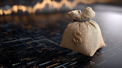 A glowing money sack rests on a digital grid, symbolizing the fusion of finance and technology in a futuristic setting.