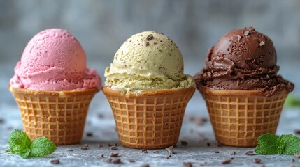 Colorful ice cream cones with vibrant flavors displayed on a gray background