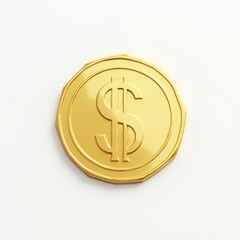 A minimalist close-up of a single gold coin with sharp edges and a simple design, set against a blank white background, emphasizing its elegance and value, isolated on white