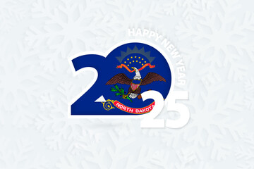 New Year 2025 for North Dakota on snowflake background.