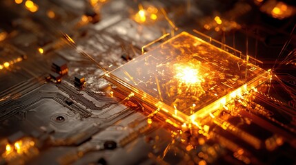 Glowing CPU on circuit board.