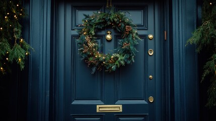 Wreath on blue door with holiday lights.