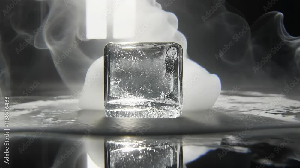 Poster ice cube sits on reflective surface surrounded by mist in a minimalist setting showcasing light and 