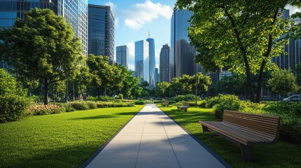 Urban park pathway with skyscrapers in background.