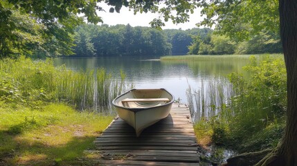 Obraz premium Serene lake view with small rowboat on wooden dock.