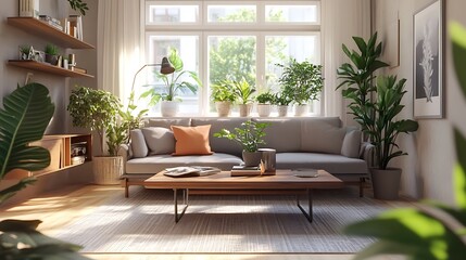 Fototapeta premium Beautiful Modern Living room Interior with furniture's ,mockup frame , posters, wall -3d Rendering