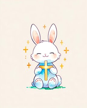 Cute kids illustration of bunny holding a cross, faith hope innocence childhood Christianity spiritual guidance
