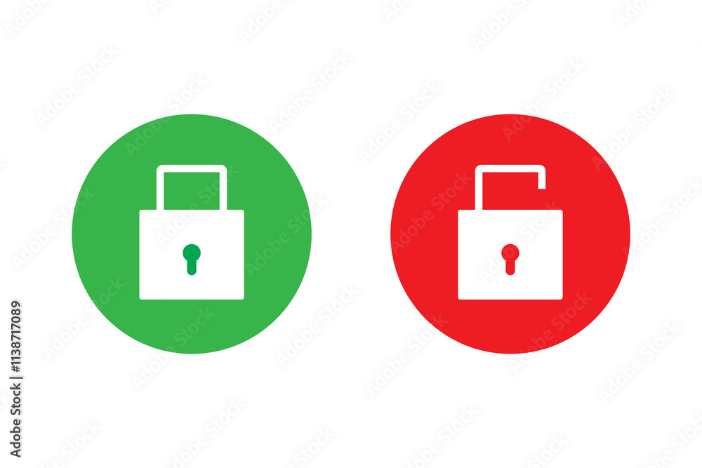 Poster lock and unlock icon privacy symbol set in green and red circle for user interface design. lock icon