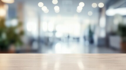 Fototapeta premium Empty light wooden table with blurred office background providing ample copy space for product placement, creating a professional and modern workspace atmosphere