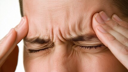 Fototapeta premium Stressed Man Gripping Temples with Facial Expression of Pain and Anxiety