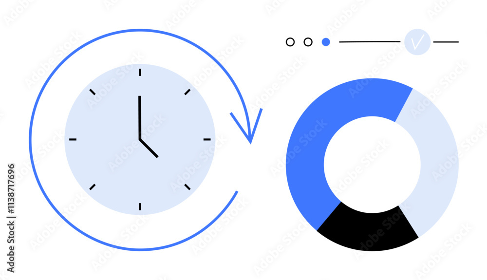 Poster clock with arrow and segmented progress pie chart in blue, black, and white. ideal for time manageme
