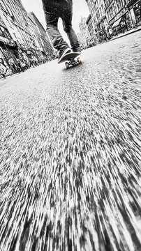 A skateboard gliding along a textured surface, captured in a dynamic perspective.