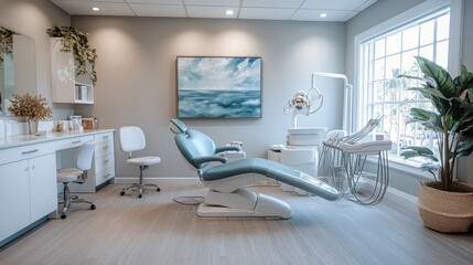 Modern dental clinic interior with comfortable equipment and bright natural light