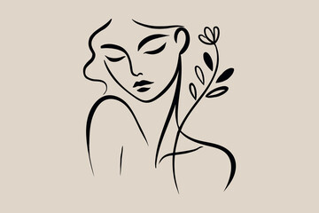  Minimalist line art portrait of a woman with flowers in black ink, logo, print, icon