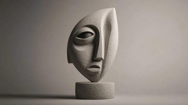 Abstract stone sculpture of a face on a pedestal, minimalist style.