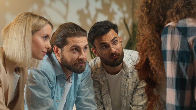 Multiethnic group creative pet dog friendly office coworking diverse team designers colleagues freelance coworkers business men women happy girls guys students friends talk study project drink coffee