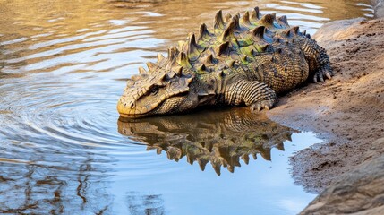 Obraz premium Armadillo lizard rests by water.